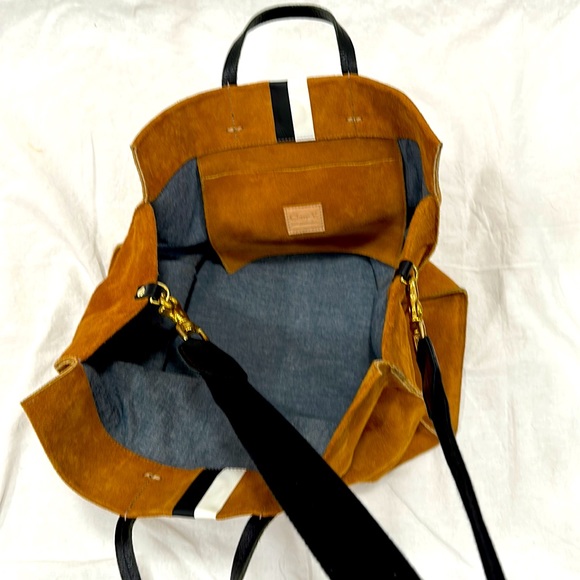 Clare V. Simple Tote - Camel Suede w/ Black & White Stripe + Shoulder Strap - Picture 5 of 8